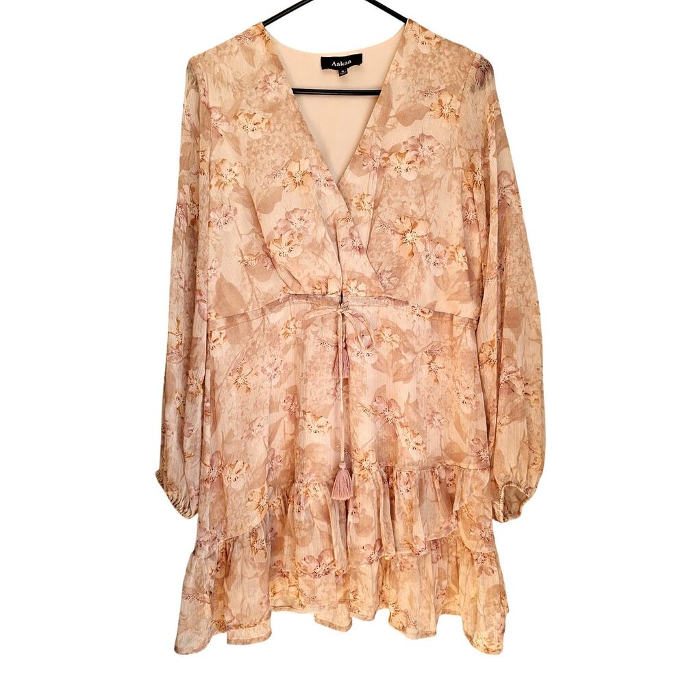 Aakaa Floral Ruffle Mini Dress Long Bishop Sleeve Peach Sexy Summer Dress Sz S